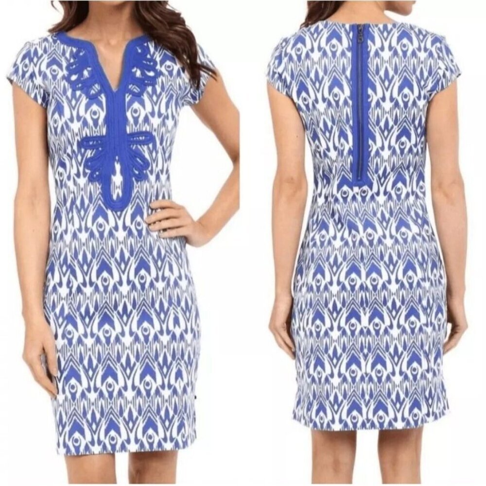 Hatley Bodycon Dress Women L Ikat Print Stretch Cotton Embroidered Blue Nautical